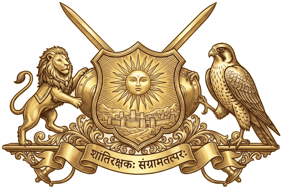 A lion and a falcon flanking a shield that bears a radiant sun above a hill fort, with two crossed swords behind and a motto ribbon below.